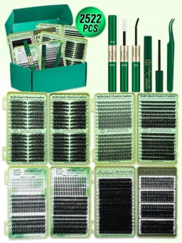 Lashsun 2522pcs Cluster Eyelashes Set, 14 Styles Including Cat Eye, Sheer, Cartoon, Thick, Bottom, Spiky Lashes, With Eyelash Glue, Makeup Remover, Eyelash Curler, Suitable For Beginners And Professionals, Easy DIY At Home, Daily Makeup Application