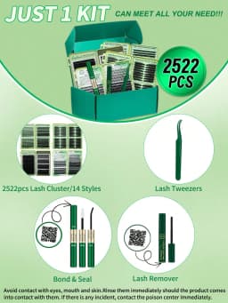 Lashsun 2522pcs Cluster Eyelashes Set, 14 Styles Including Cat Eye, Sheer, Cartoon, Thick, Bottom, Spiky Lashes, With Eyelash Glue, Makeup Remover, Eyelash Curler, Suitable For Beginners And Professionals, Easy DIY At Home, Daily Makeup Application