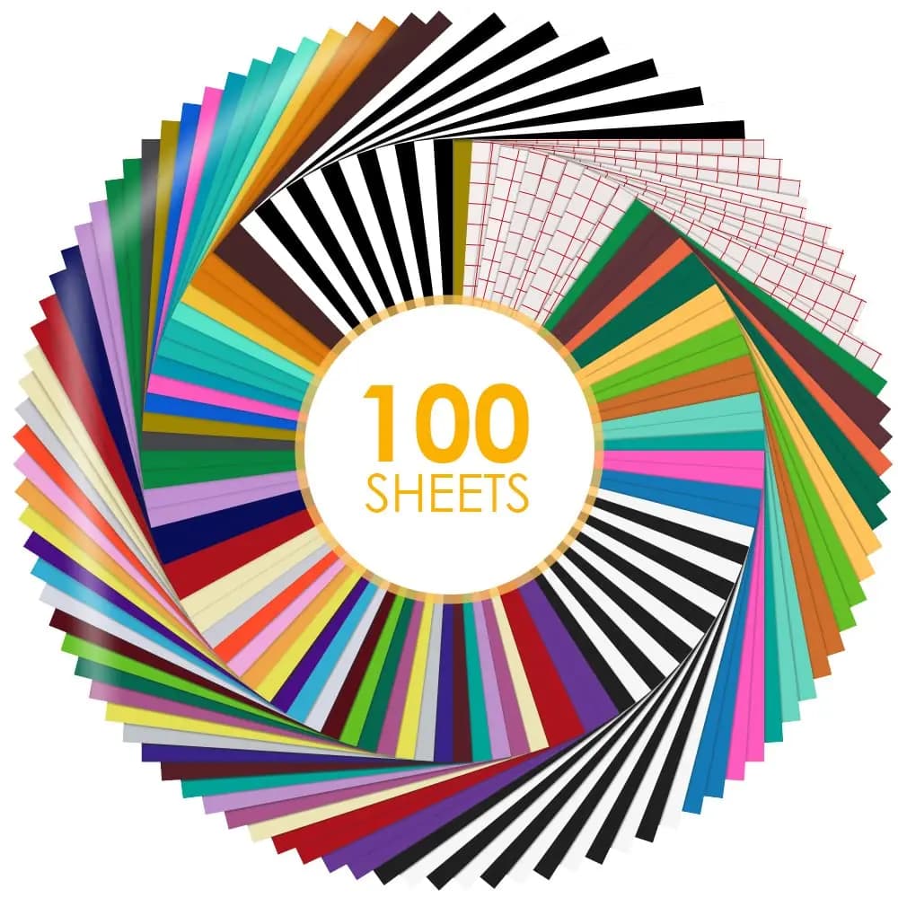 HTVRONT Permanent Vinyl, 100 Pack, 12"x12", Compatible with Cricut Machine Waterproof, Compatible with Cricut Explore & Maker, 90 Sheets & 10 Transfer Tapes, Easy to Weed, for Stickers, Decals, Crafts