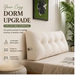 Dorm Headboard Pillow Twin XL Dorm Bed Wedge Cushion, No Nail College Dorm Room Essentials Back Support for Reading, Plush Bolster for Daybed Bun (Beige, 39.37x15.75in)