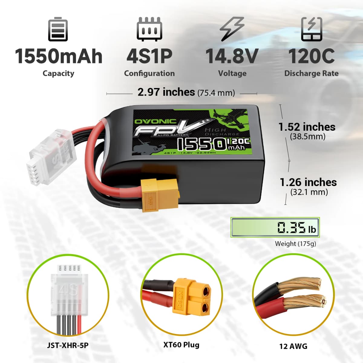 OVONIC R‑Line Version 3.0 4S Lipo Battery 1550mAh 120C 14.8V XT60 Plug FPV Drone Battery for 180‑250mm FPV Racing Freestyle Drones 1 Pack 2 Pack