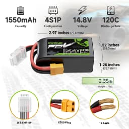 OVONIC R‑Line Version 3.0 4S Lipo Battery 1550mAh 120C 14.8V XT60 Plug FPV Drone Battery for 180‑250mm FPV Racing Freestyle Drones 1 Pack 2 Pack