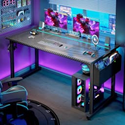 55" RGB LED Carbon Fiber Gaming Desk - Black, Side Storage, Headphone Hooks, Writing Study Table, Home Office, Metal Frame