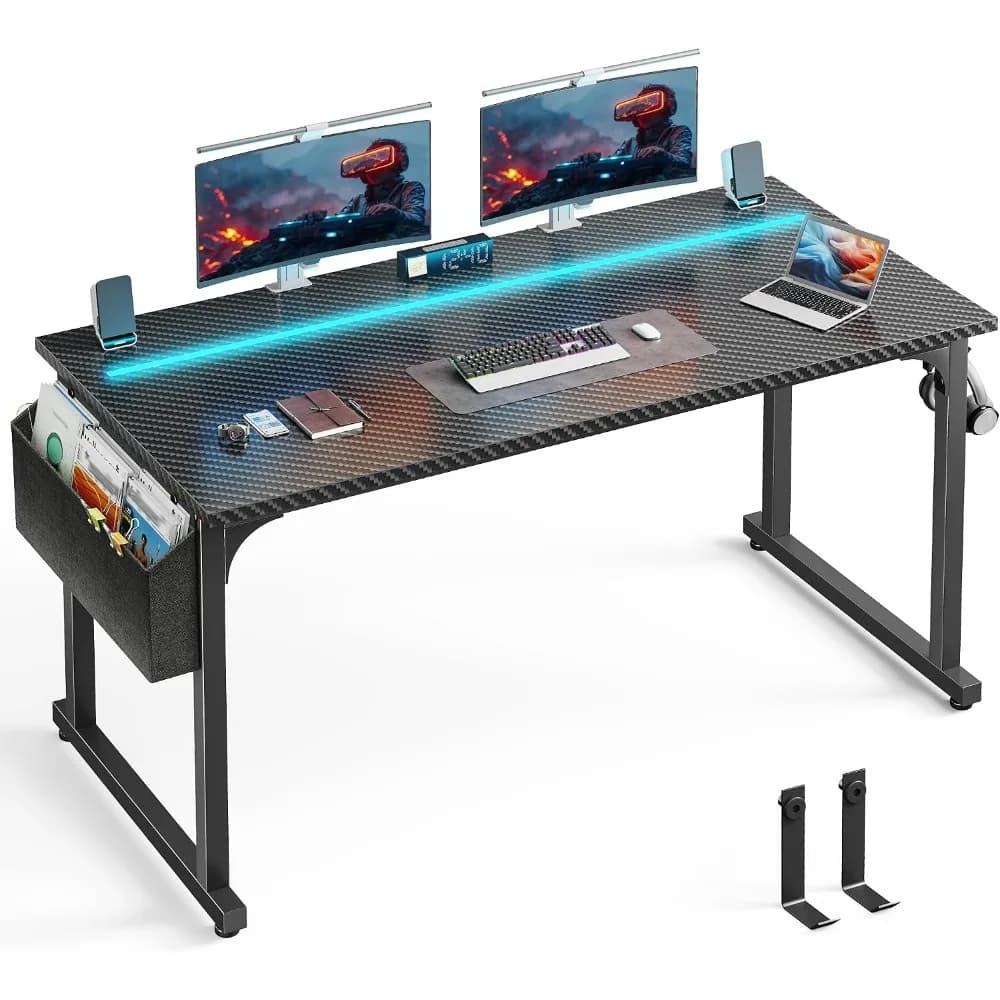 55" RGB LED Carbon Fiber Gaming Desk - Black, Side Storage, Headphone Hooks, Writing Study Table, Home Office, Metal Frame