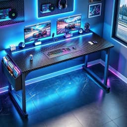 55" RGB LED Carbon Fiber Gaming Desk - Black, Side Storage, Headphone Hooks, Writing Study Table, Home Office, Metal Frame