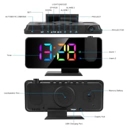 Multi-Functional Projection Alarm Clock Mirror LED Display Auto Dimming Light Snooze Dual Alarms 180° Rotatable Time Projector for Bedroom Decoration