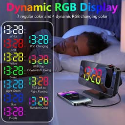 Multi-Functional Projection Alarm Clock Mirror LED Display Auto Dimming Light Snooze Dual Alarms 180° Rotatable Time Projector for Bedroom Decoration