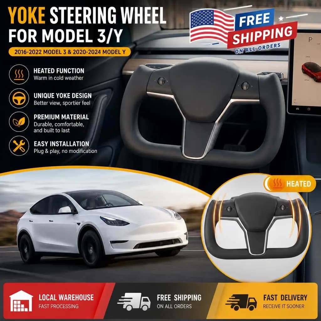 Yoke Steering Wheel For Tesla Model Y 3 2016-2022 Model Y 2020-2024 Heating With Heated Black Car Accessories