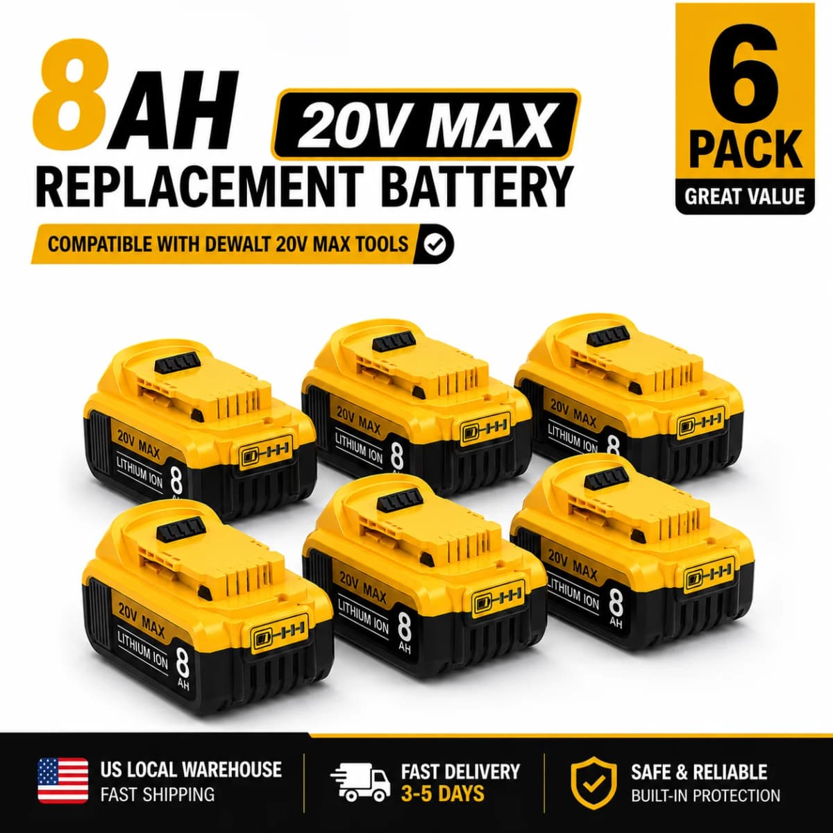 8.0Ah 20V MAX Replacement Battery for DEWALT, Compatible with DCB200 DCB205 DCB206 DCB208, Li-ion Rechargeable Battery Pack, US Local Warehouse