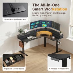 65" L‑Shaped Electric Standing Desk with 3 Drawers, Sit‑to‑Stand Height Adjustable Workstation 4 Memory Presets, Built‑in Power Strip USB‑A&Type‑C, Monitor Riser with LED Light, Cable Management Tray, Dual Motor 220 lbs Corner Desk