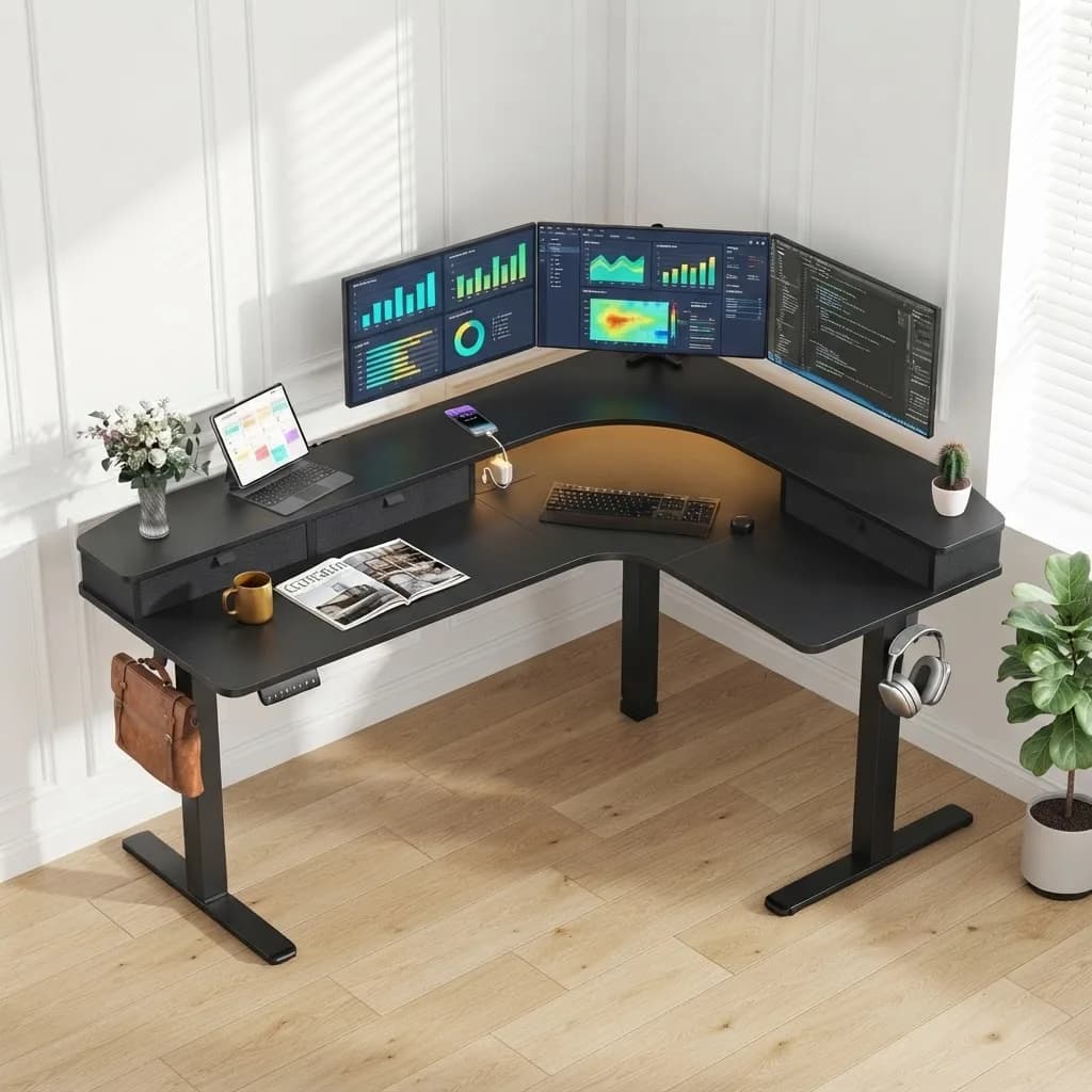 65" L‑Shaped Electric Standing Desk with 3 Drawers, Sit‑to‑Stand Height Adjustable Workstation 4 Memory Presets, Built‑in Power Strip USB‑A&Type‑C, Monitor Riser with LED Light, Cable Management Tray, Dual Motor 220 lbs Corner Desk