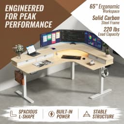 65" L‑Shaped Electric Standing Desk with 3 Drawers, Sit‑to‑Stand Height Adjustable Workstation 4 Memory Presets, Built‑in Power Strip USB‑A&Type‑C, Monitor Riser with LED Light, Cable Management Tray, Dual Motor 220 lbs Corner Desk