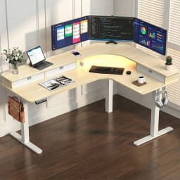 65" L‑Shaped Electric Standing Desk with 3 Drawers, Sit‑to‑Stand Height Adjustable Workstation 4 Memory Presets, Built‑in Power Strip USB‑A&Type‑C, Monitor Riser with LED Light, Cable Management Tray, Dual Motor 220 lbs Corner Desk