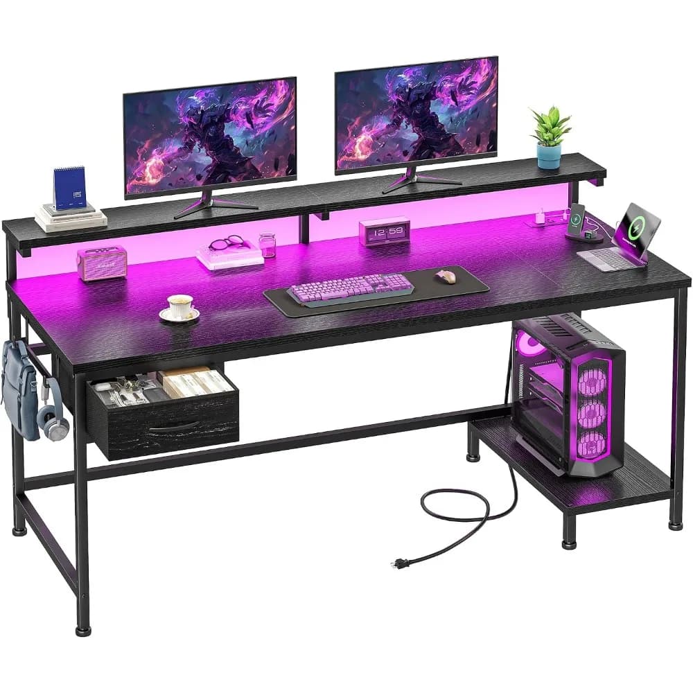 47.2" Gaming Desk with Power Outlet and LED Lights | Perfect for Bedrooms, Small Spaces, and Home Offices