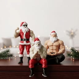 3-Piece Muscular Santa Claus Figurine Set - Funny Holiday Gift & Humorous Gag Gift for Office Desk - Collectible Buff Santa Statue Ornament - Flexing & Meditating Art Toys, Unique Christmas & Halloween Decoration