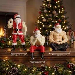 3-Piece Muscular Santa Claus Figurine Set - Funny Holiday Gift & Humorous Gag Gift for Office Desk - Collectible Buff Santa Statue Ornament - Flexing & Meditating Art Toys, Unique Christmas & Halloween Decoration