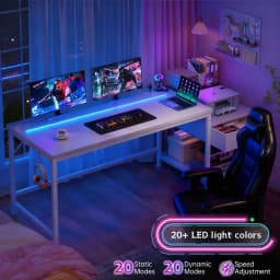 56 Inch Gaming Desk With Power Outlet LED Lights Computer Desk With Fabric Drawer Storage Shelf Small Desk For Bedroom,Dorm