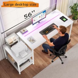 56 Inch Gaming Desk With Power Outlet LED Lights Computer Desk With Fabric Drawer Storage Shelf Small Desk For Bedroom,Dorm
