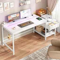 56 Inch Gaming Desk With Power Outlet LED Lights Computer Desk With Fabric Drawer Storage Shelf Small Desk For Bedroom,Dorm