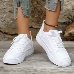 Women White Platform Sneakers 2026 New Fashion Lace Up Skate Shoes Ladies Light Soft Leather Casual Walking Shoes Non Slip Flat Sole All Match Daily Outdoor Comfy Versatile White Trainer Footwear Trendy Minimalist Basic White Sneakers for Daily Travel Sho