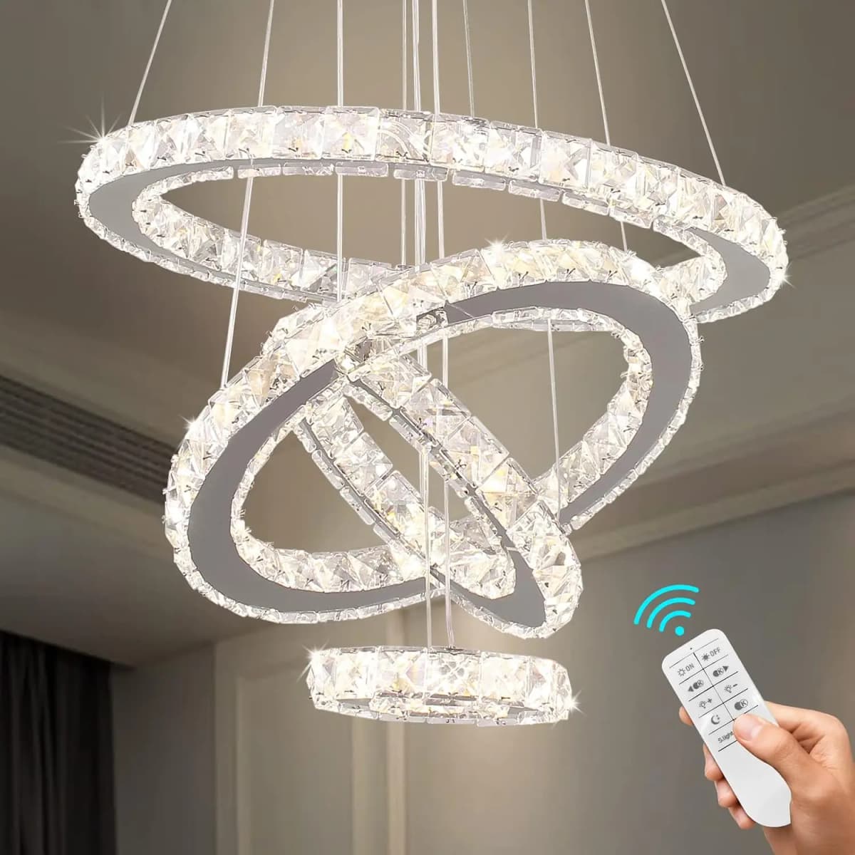 4-Ring Crystal Chandelier, Dimmable LED Pendant
