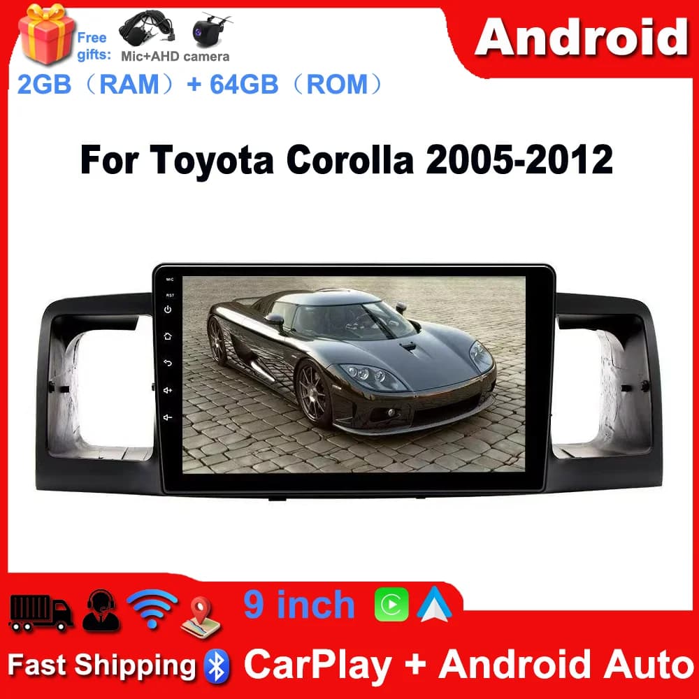 Car Radio Stereo 9-inch Android 15 GPS Navi Head Unit with Carplay and Android Auto FM/RDS DSP SWC WiFi Bluetooth Mirror Link 2+64G Car Player for Toyota Corolla 2005-2012