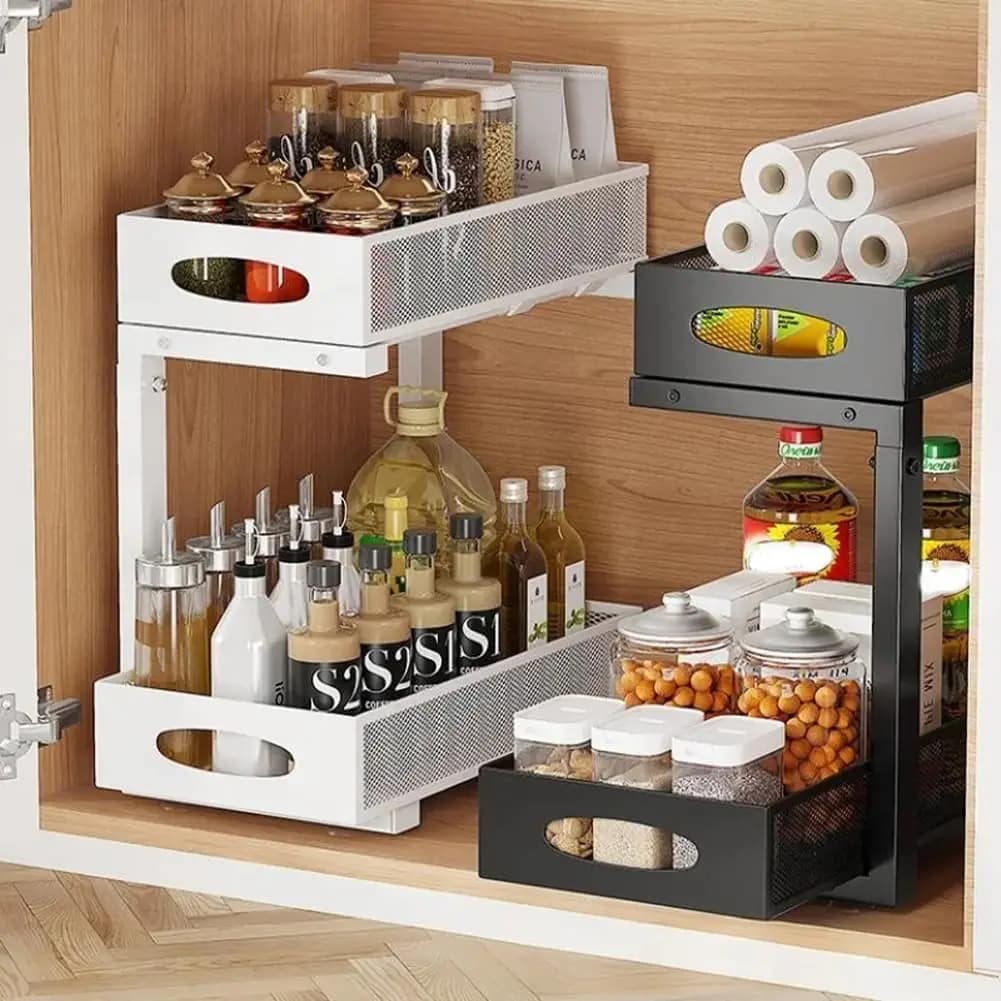 2‑Tier Pull‑Out Under Sink Organizer Expandable Double Tier Adjustable Steel Storage Rack Basket No Drilling For Kitchen Bathroom Cabinet Space Saving Rack