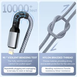 1PC Grey 2M/6.5FT USB Nylon Braided 3 In 1 Fast Charging Cable With Type-C, Micro USB, IP Port,For Iphone For Samsung For Huawei, Multi Port Multiple Charging Wire