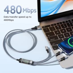 1PC Grey 2M/6.5FT USB Nylon Braided 3 In 1 Fast Charging Cable With Type-C, Micro USB, IP Port,For Iphone For Samsung For Huawei, Multi Port Multiple Charging Wire