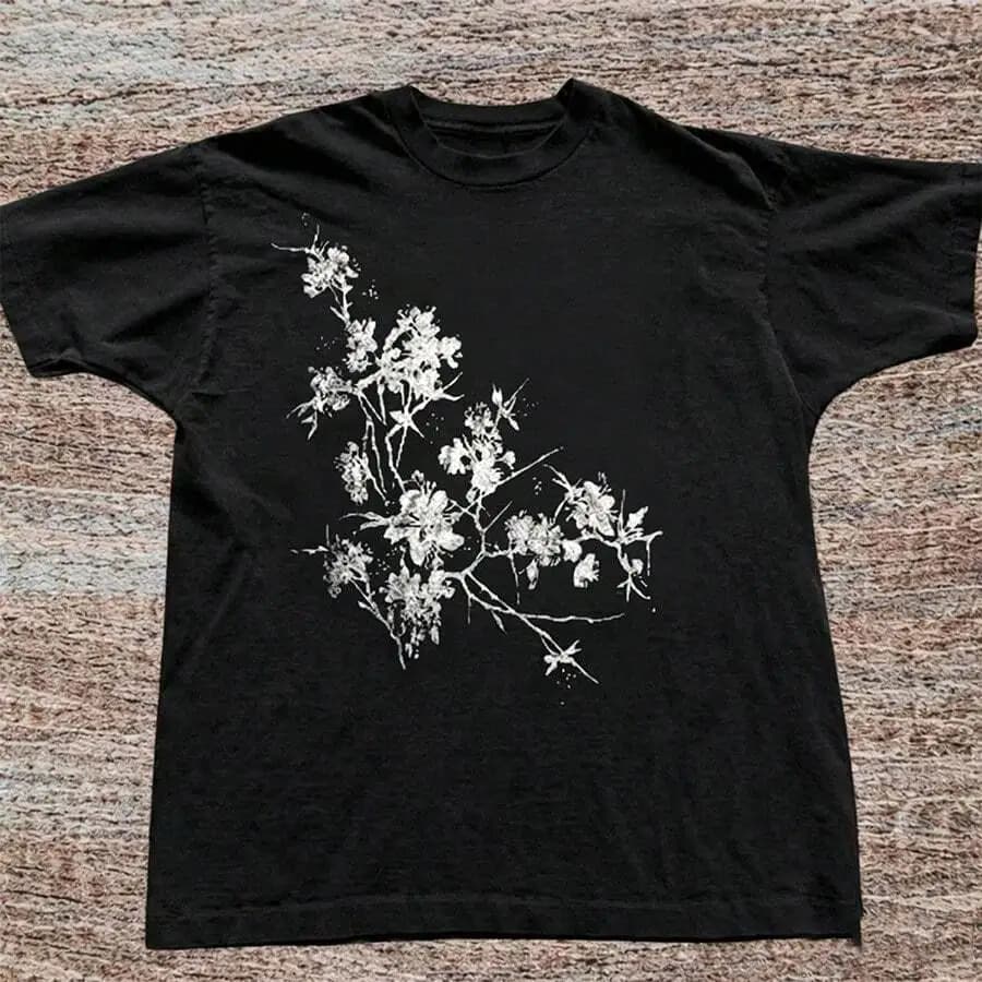 Unisex Retro Asian Aesthetic Casual Tops 1Pc Crew Neck Short Sleeve Grunge White Ink Cherry Blossom Branch Floral Brush‑Stroke Graphic Print Tees