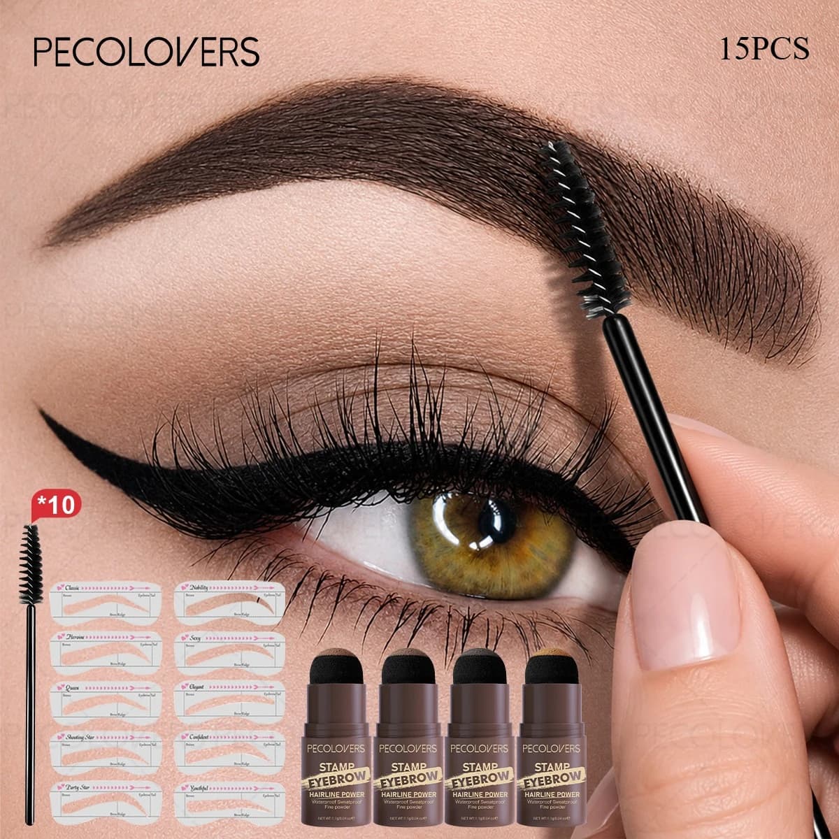 15PCS/SET Easy Stamp Eyebrow Shaping Powder,Light Removable Formula,Various Shape Brow Stencils,Soft Grooming Spiral Brush,Matte Gentle Color Effect,Multi Tone Matching Powder,Hairline And Eyebrow Retouch Kit For Daily Casual Makeup Outfits