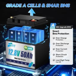 12V 50Ah LiFePO4 Lithium Battery, 4000+ Deep Cycle Rechargeable Battery, Built-in Smart BMS, for Home Solar Storage, Outdoor Camping, RV, Marine, UPS Backup Power Supply, Maintenance-Free, 10-Year Long Lifespan