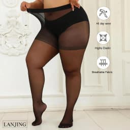 LANJING 15D Plus Size Black Sheer Pantyhose High Waist Anti Snag Office Thin Stockings