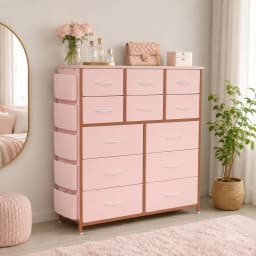 12 Drawer Fabric Dresser with Wood Top, Storage Chest Cabinet with Steel Frame and Side Pockets for Bedroom Home Organization