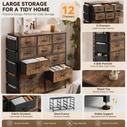 12 Drawer Fabric Dresser with Wood Top, Storage Chest Cabinet with Steel Frame and Side Pockets for Bedroom Home Organization