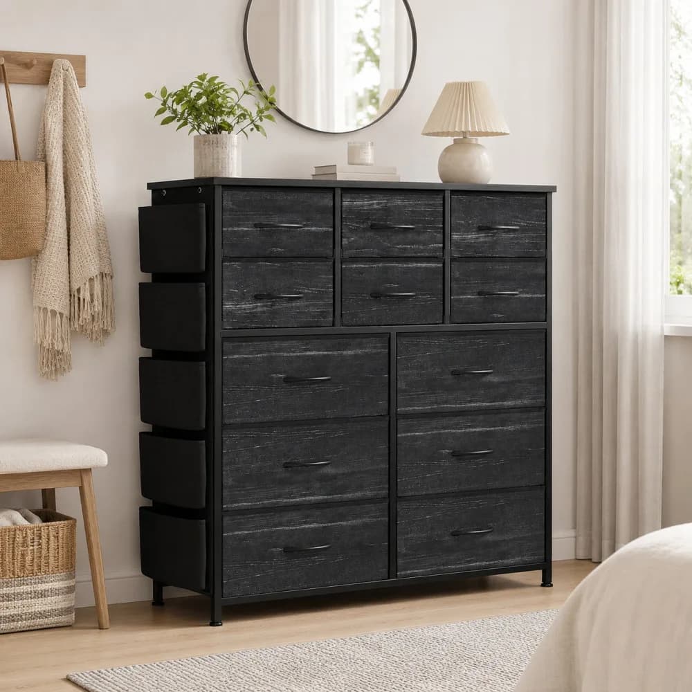 12 Drawer Fabric Dresser with Wood Top, Storage Chest Cabinet with Steel Frame and Side Pockets for Bedroom Home Organization