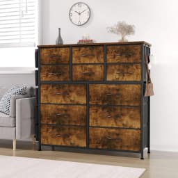 12 Drawer Fabric Dresser with Wood Top, Storage Chest Cabinet with Steel Frame and Side Pockets for Bedroom Home Organization