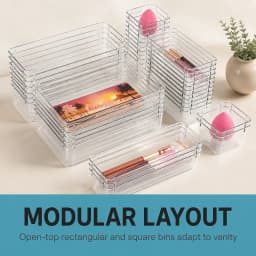 Zoyiancy 44-Piece Clear Plastic Drawer Organizer Trays Set, 4 Sizes Modular Vanity, Office and Bathroom Storage Bins for Desk Sundries and Makeup