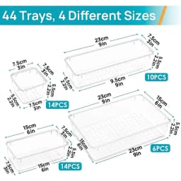 Zoyiancy 44-Piece Clear Plastic Drawer Organizer Trays Set, 4 Sizes Modular Vanity, Office and Bathroom Storage Bins for Desk Sundries and Makeup
