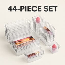 Zoyiancy 44-Piece Clear Plastic Drawer Organizer Trays Set, 4 Sizes Modular Vanity, Office and Bathroom Storage Bins for Desk Sundries and Makeup
