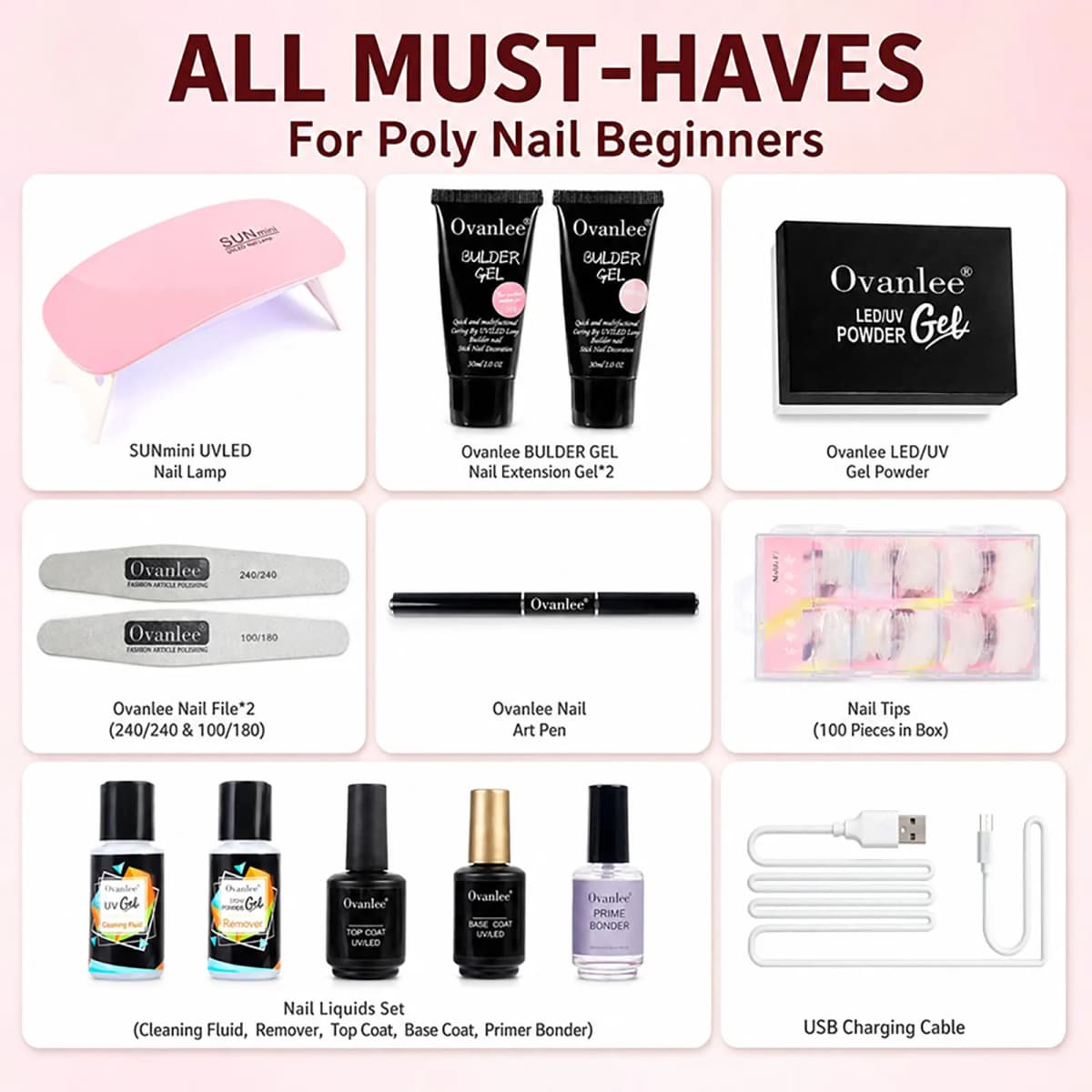 Ovanlee Form-Free Polygel Starter Kit – 30ml X2 Builder Gel with Lamp, Tips & Tools, No Messy Paper Forms Needed, Includes Winter Preheating Hack for Easy Squeezing