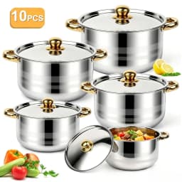 TAIMASI [10pcs Stainless Steel Pot Set] 10pcs Stainless Steel Pot Set, Multi-Size Cooking Pots With 5 POTS + 5 LIDS | Deep Stock Pot, Suitable For Home And Restaurant Cooking, Soups, Hot Pots, Noodles, Pasta, Seafood Soups Christmas Thanksgiving Kitchen