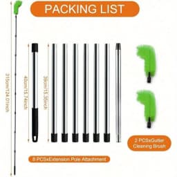 1Set Gutter Cleaning Tools Long with 6 Stainless Steel Tubes and 2 Brushes Gutter Ability for Roof Leaves and Debris-Green