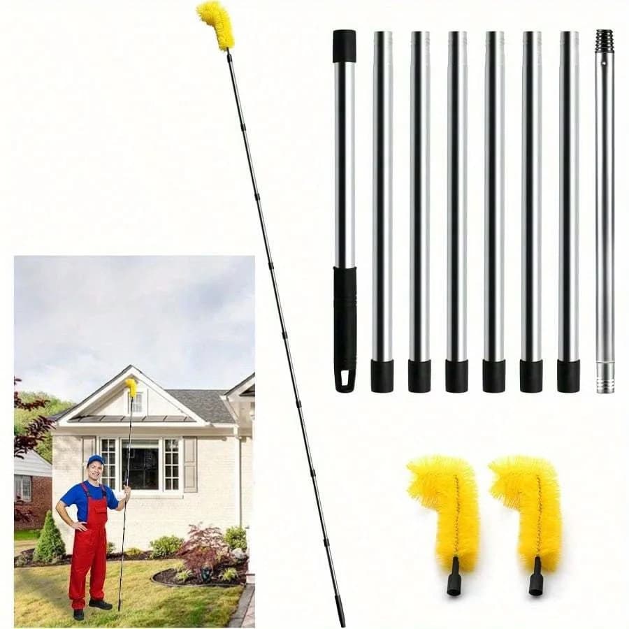 1Set Gutter Cleaning Tools Long with 6 Stainless Steel Tubes and 2 Brushes Gutter Ability for Roof Leaves and Debris-Green