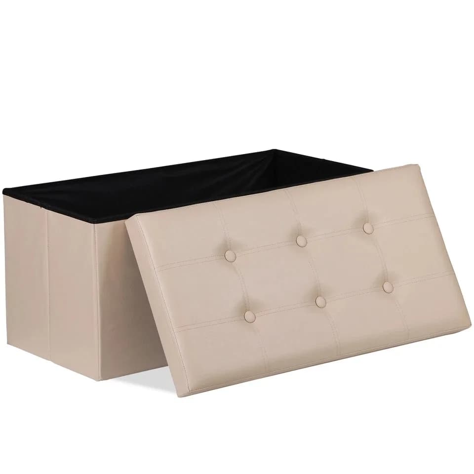 Beige 30 Inch Folding Upholstered Ottoman Footrest for Living Room Bedroom