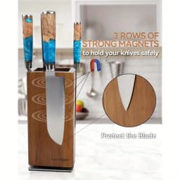 1Pc 360°Rotating Magnetic Knife Block Wood Universal Knife Holder 4‑Side Ultra‑Strong Magnets Knife Storage Rack with Removable Bristles Multifunctional Kitchen Countertop Knife Organizer
