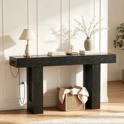 63" Console Table with Power Outlets, Thick Block Entryway Table Narrow Behind Couch Sofa Table, Modern Farmhouse Hallway Table for Living Room, Foyer, Black