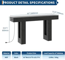 63" Console Table with Power Outlets, Thick Block Entryway Table Narrow Behind Couch Sofa Table, Modern Farmhouse Hallway Table for Living Room, Foyer, Black
