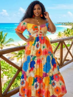 Plus Size Off Shoulder Short Puff Sleeve Tiered Maxi Dress For Women Beach Vacation Daily Bohemian Style Long Dress