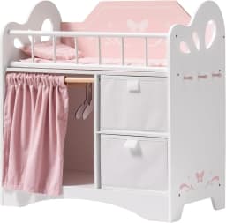 ROBUD Wooden Baby Doll Bed Prentend Playset with Storage and Bedding Sturdy for 18 Inch Dolls Baby Doll Cribs Nice Gift for Kids